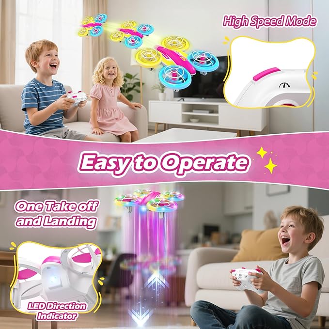 LED RC Drone for Kids 6+ Christmas Birthday Gift for Boys &amp Girls with Remote Batteries 360° Flip High Speed Mode 45 Min Flight Indoor and Outdoor Flying Toy - RoseRed Yellow