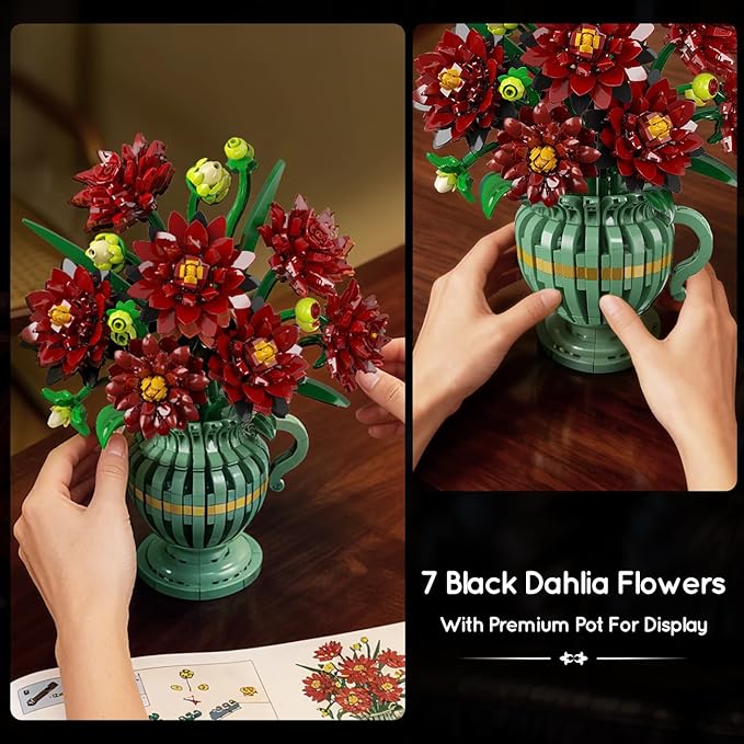 Dahlia Flowers Building Set with Vase Easter Flower Bouquet Botanical Collection Building Block Toy 1482 PCS Gothic Artificial Plant Bonsai Kit Gift for Her Adults Kids Girls 12+