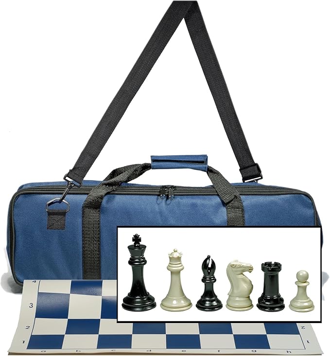 WE Games Tournament Chess Set with Deluxe Blue Canvas Bag Triple Weighted Chess Pieces with 4.0 inch King Vinyl Roll-Up Chess Board 20 inches Travel Chess Set for Adults