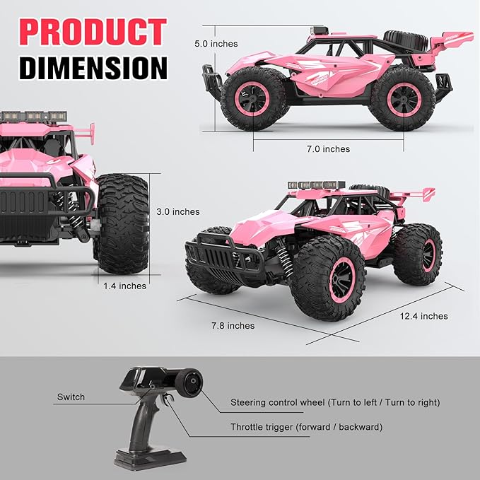 kolegend Remote Control Car for Girls 50+min Monster Trucks 20km/h 1:12 Scale 13 Inch All Terrains RC Truck with Flashing Chassis Lights Gift Toys for Girls Kids Boys