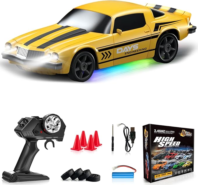 RC Drift Car 1:24 Remote Control Car 4WD 15KM/H High Speed Racing Sport Car with LED Lights RC Cars Toy for Kids Boys Girls Adults Gifts Birthday Christmas Rechargeable Batteries