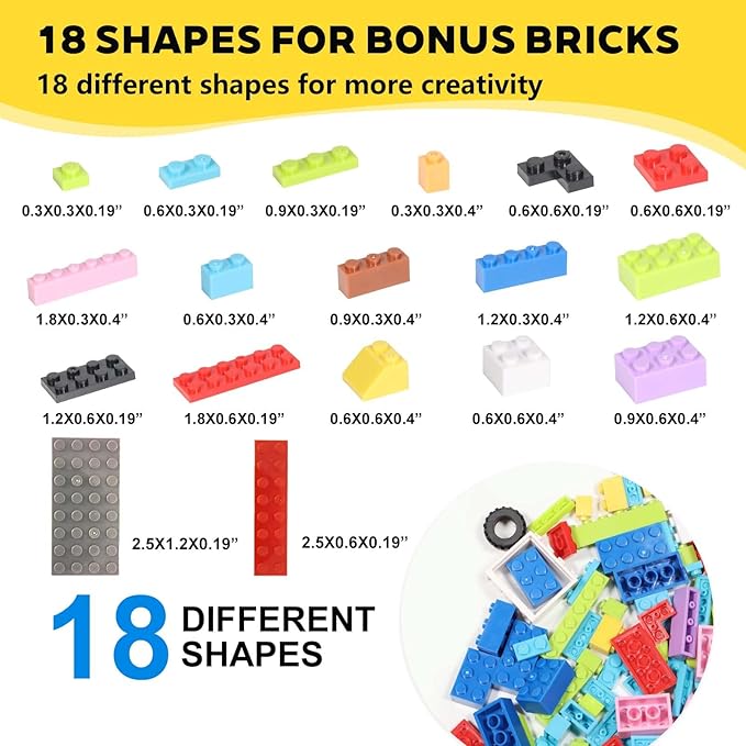 1600 Pieces Building Bricks Classic Bulk Building Blocks for Kids with Wheels and Axles Sets Windshield Windows Doors Baseplates Compatible with All Major Brands - 18 Shape/12 Color