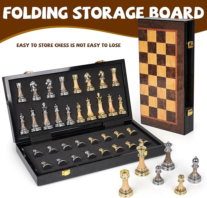 Luxury Large Metal &amp Acrylic Chess Set with Wooden Chess Board (17”) – Weighted Chess Pieces with 3.5” King Foldable Tournament Chess Set for Adults and Kids Professional Chess Game Set