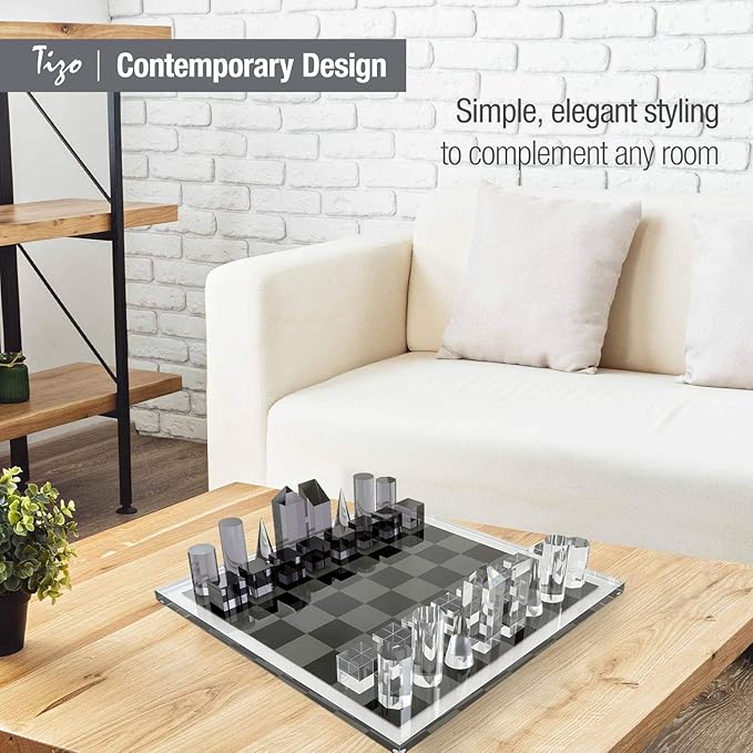 Tizo Design Elegant 17” Lucite Chess Set Designer Lucite &amp Acrylic Pieces Modern &amp Trendy Multiple Options Available (Clear &amp Smoke)