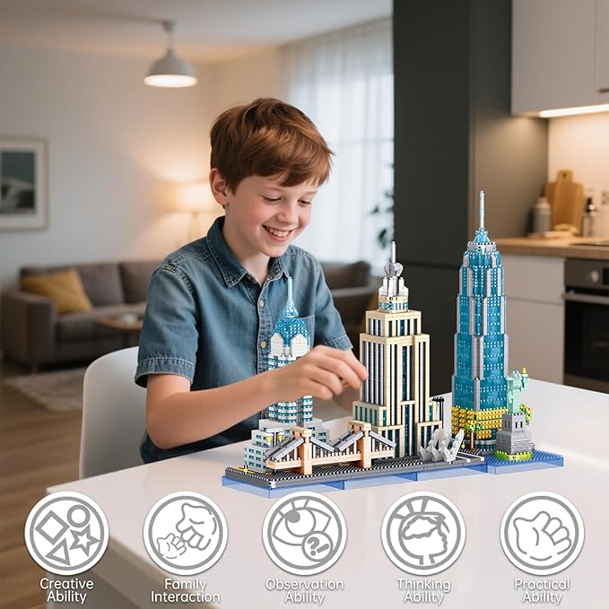New York Skyline Micro Mini Blocks Building Set The Statue of LibertyEmpire State Architecture Building Brooklyn Bridge Gift for Kids and Adults (3262 Pieces)