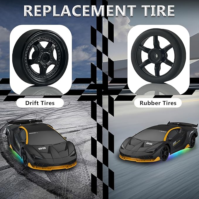 RC Drift Car 1:24 Remote Control Car 4WD 15KM/H High Speed Racing Sport Car with LED Lights RC Cars Toy for Kids Boys Girls Adults Gifts Birthday Christmas Rechargeable Batteries (Black-1)
