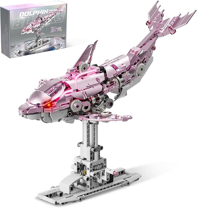 Mechanical Dolphin Building Kit Hand Crank Building Toys with Moving Jaw Swimming Tail &amp Glowing Light Effects STEM Educational Toy &amp Unique Desk Decor for Ages 8+ &amp Adults Pink