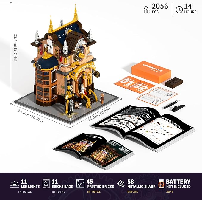 Steampunk Memory Magic Shop Lighting Building-Bricks Set 2056 Pcs Modular Building from Chrono Custodians Collection Display Set for Adults and Steampunk Lovers