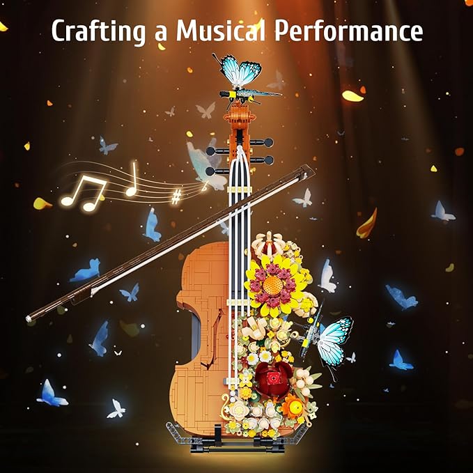 Flower Violin Building Blocks Set 1167PCS Music Instrument Toy with Stand Butterfly &amp Floral Details Creative Botanical Model for Adults Girls Home Office Decor Compatible with Lego Sets City Frie