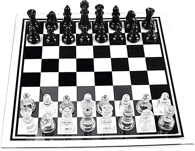 Elegant Glass Chess Set 13.8 Inch - Large Modern Chess Board Game with Black &amp Clear Pieces Felted Bottoms - Crystal Strategy Game Gift for Adults Home Decor