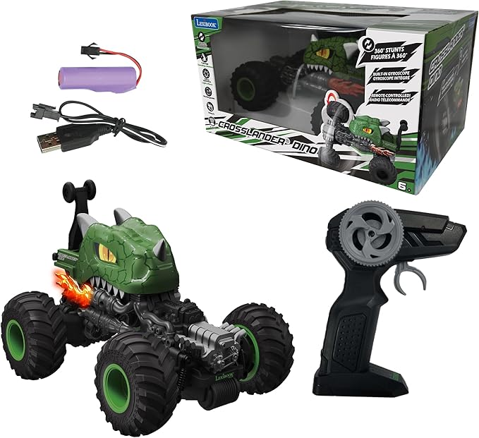 LEXiBOOK Crosslander® Dino Remote Controlled Dinosaur car up to 10km/h Crazy Stunts Pitching Integrated Gyroscope Light Effects Rechargeable RC59D