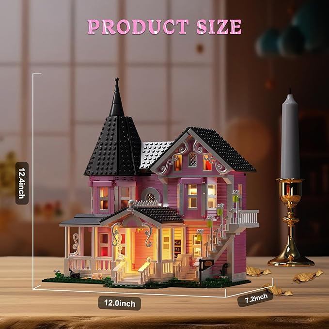 Pink Palace House Building Set with Lights Halloween Haunted House Blocks Toy Halloween House Kit for Kids Adults Compatible with Lego Christmas for Girls and Boys Aged 8+ (1349PCS)