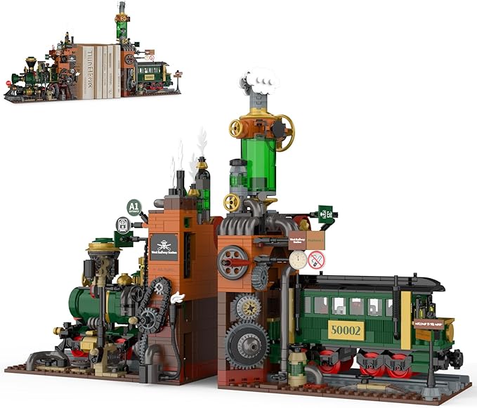 NUTCRACKER Retro Steam Train Building Set 2 in 1 Medieval Train Station Building Model Train Book Ends Bookshelf DIY Toy Building Set Easter Birthday Gift for Adults Boys Girls (1379 Pieces)