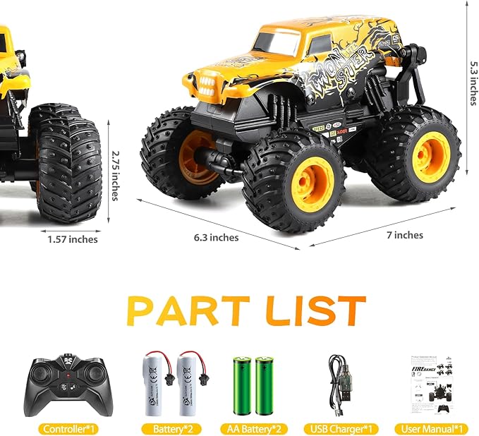 DYODYORC Remote Control Car 2.4Ghz All Terrain Monster Truck Toys RC Truck with Music 3 Lighting Effects 360 Stunt Capable 2 Batteries Ready to Run Toy Gifts for Boys and Girls (Yellow)