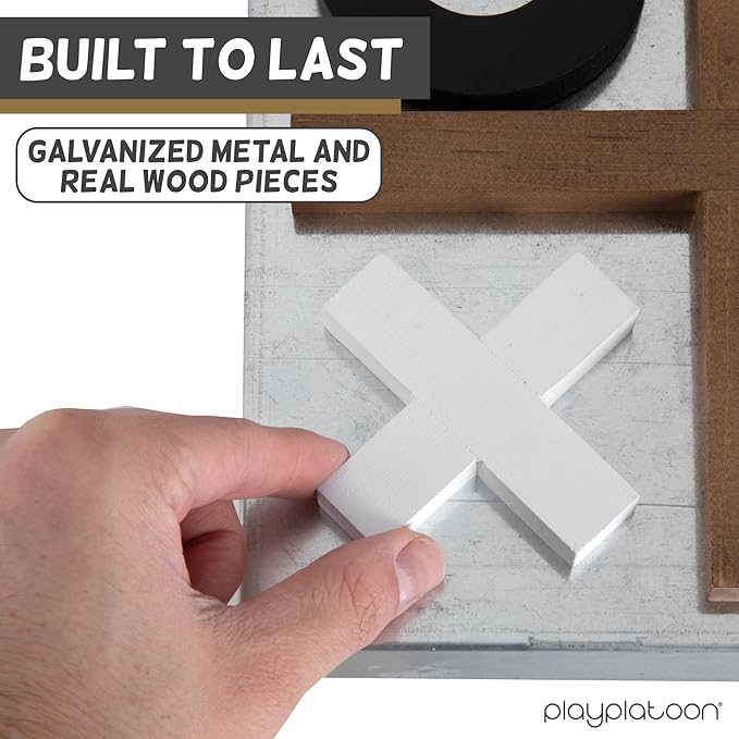 Play Platoon Metal &amp Wood Magnetic Tic Tac Toe Wall Mounted Games - 13.5 Inch Table Top Playroom Decor or Wall Mounted Room Decor - Rustic Board Game Room Accessories