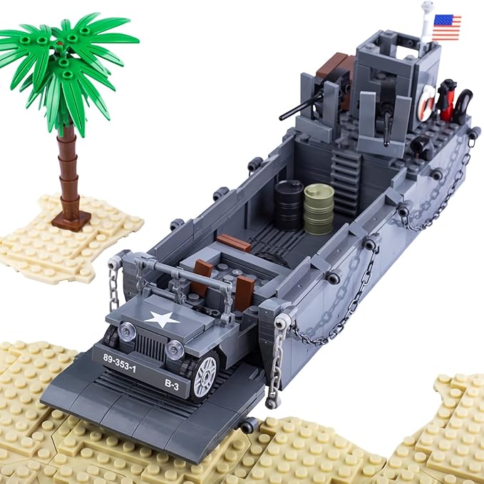 Military Landing Craft Vehicle Personnel Higgins Boat Car Model WW2 World War II Building Block Toys for Kids Aged 6-14 and Adults