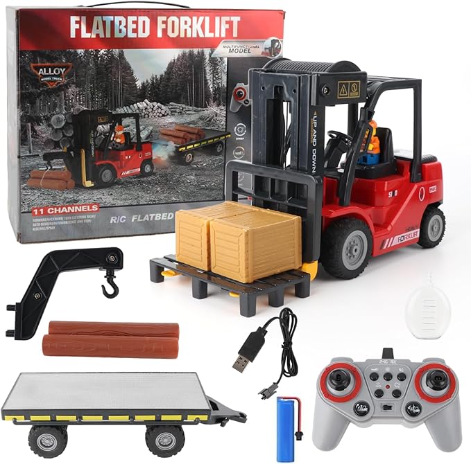 RC Forklift with Trailer Kids Forklift Construction Toys Set with Lift Fork &amp Hook &amp Flatbed 11 Channel Kids Forklift Toy with Light &amp Sound &amp Spray Gift for Kids 6+ (Red)