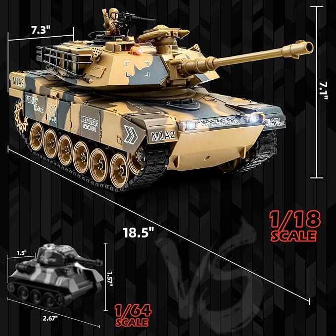 1/18 US M1A2 Army Tank 2.4GHz Remote Control Model Toys Smoke &amp Sound &amp LED Lights &amp Recoil Effects. RC Tank Perfect Collectible6+ Gift Kids and Adults