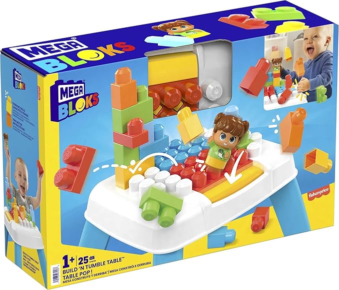 Mega Bloks Fisher-Price Toddler Blocks Toy Set Build ‘n Tumble Activity Table with 25 Pieces and Storage 1 Figure Blue Ages 1+ Years