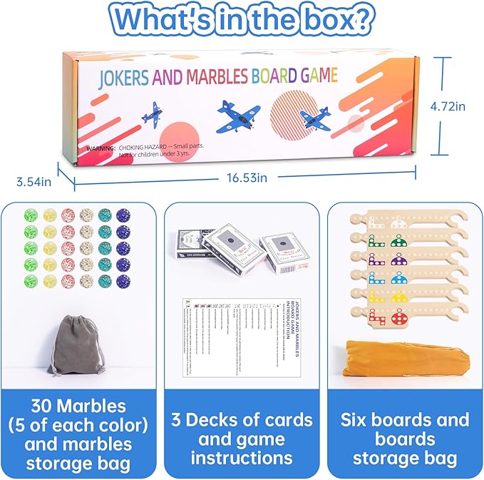 Jokers and Marbles Board Game Wooden Marble Game for 2-6 Players Portable Jokers Game with 30 Marbles 3 Decks of Cards 2 Storage Bags for Family Game Night and Holiday Party