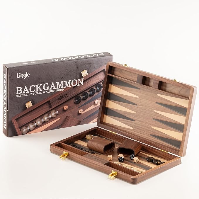 14.5” Premium Natural Walnut Folding Backgammon Sets for Adults and Kids Including 30 Artificial Horn Checkers 2 Walnut Dice Cups and 5 Wooden Dice/Classic Two-Player Strategy Board