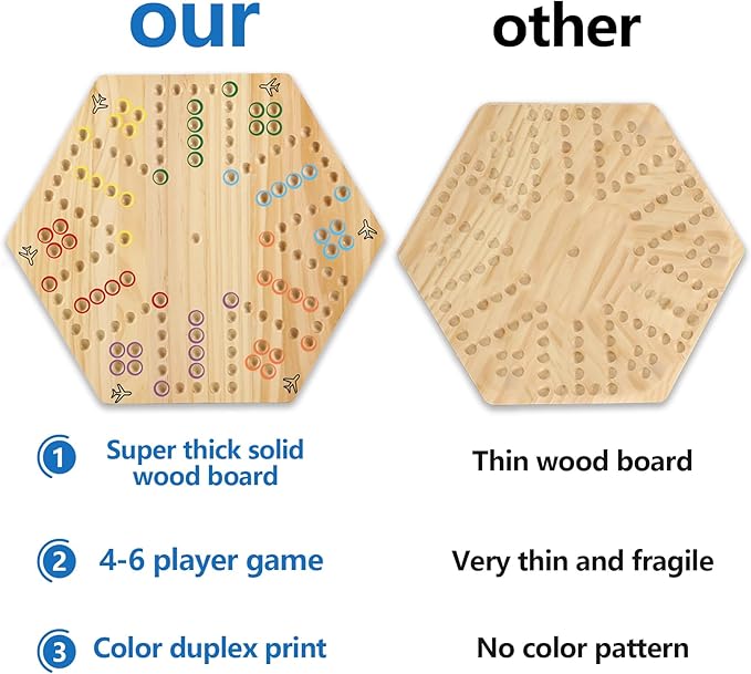 Original Marble Game Wahoo Board Game Double Sided Painted Wooden Fast Track Board Game for Friends and Party 6 and 4 Players 6 Colors 24 Marbles 6 Dice