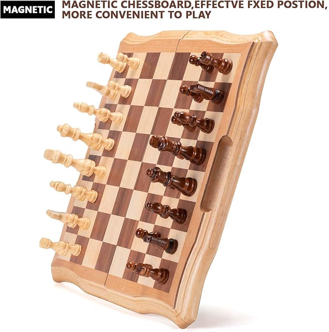AMEROUS 15.6 inches Magnetic Wooden Chess Set Handheld Style Chess Board Game Sets with Game Pieces Storage Slots - 2 Extra Queens - Gift Package Chess for Beginner Kids and Adults