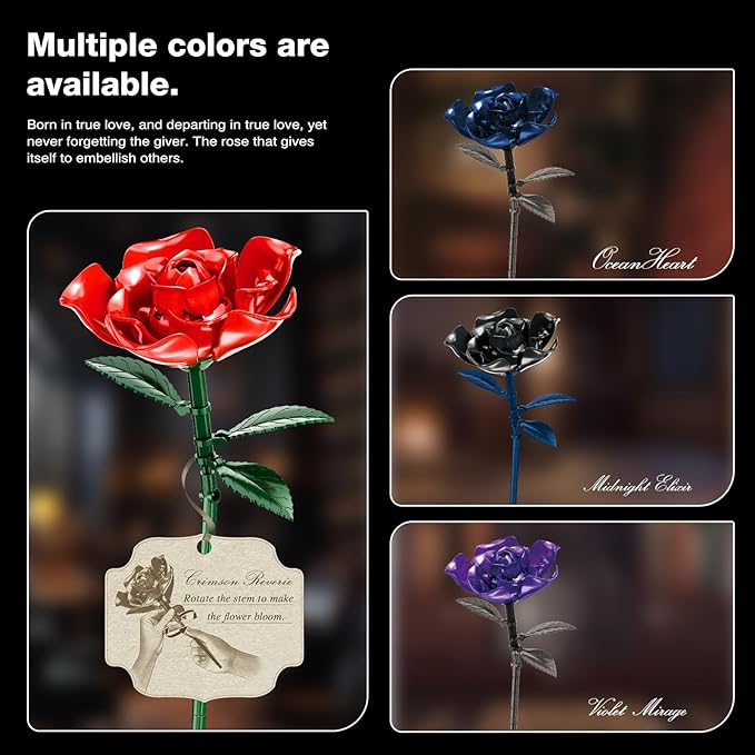 Rose Rotating Everlasting Flower Building Set (866PCS) Compatible Artificial Bouquet Elegant Home/Office Decor Accent for Tabletop Display Long-Lasting Home Decoration (Red)