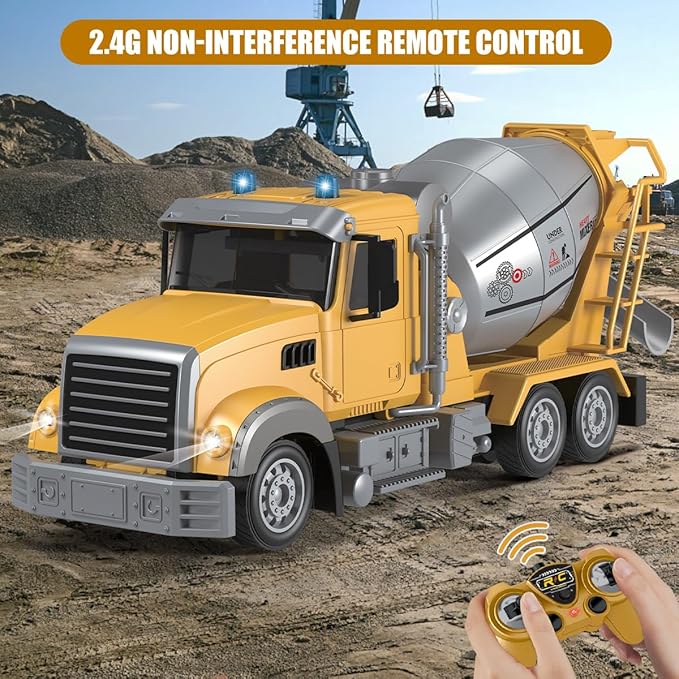 Fistone RC Cement Mixer Toy 6 Channel Truck with Lights 1:24 Electric 360 Degree Stirring Vehicle Rechargeable Construction Truck for Kids