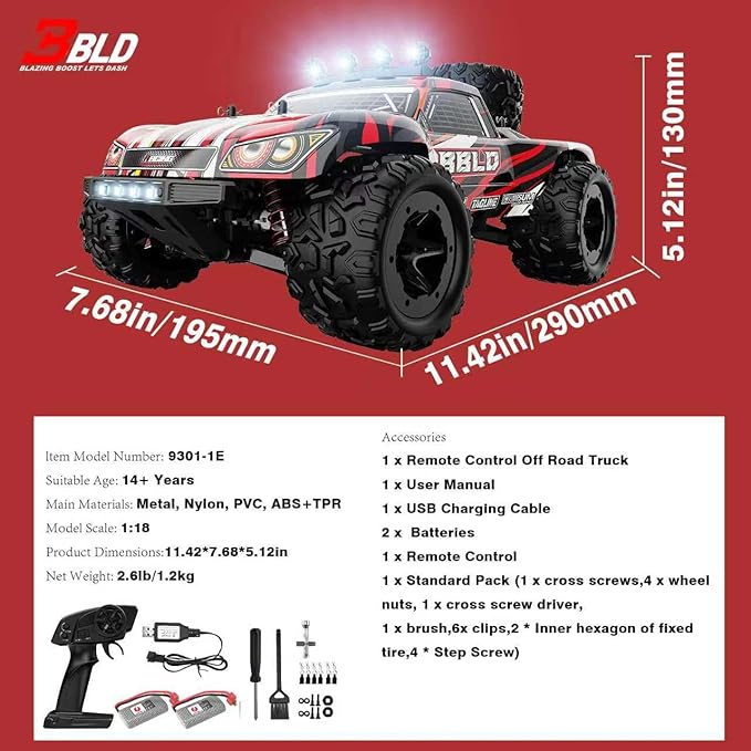 Remote Control Car1/18 Scale RC Cars for Adults &amp Kids - IPX4 Waterproof 40KM/H 4X4 Off Road Truck 2.4GHz Remote Control 4WD All Terrain Vehicle with 2 Batteries (Red)