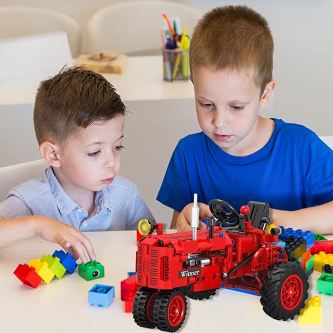 Classic Building Blocks 1/12 Red Tractor Farm Toy Building Set Gift for Kids Ages 6 7 8 9 10 11 12 Includes Shifting Structure Steering Structure Features (Classic Edition)