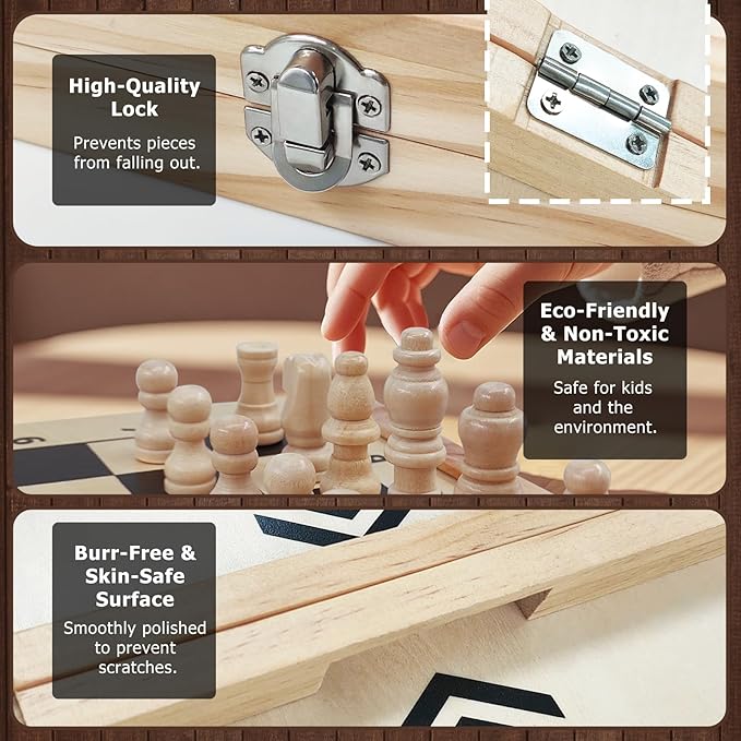 4 in 1 Wooden Fodable Fast Sling Puck Game Set – Chess Tic Tac Toe Checkers Board Game for Kids &amp Adults Portable Tabletop Family Toy for Travel &amp Game Night