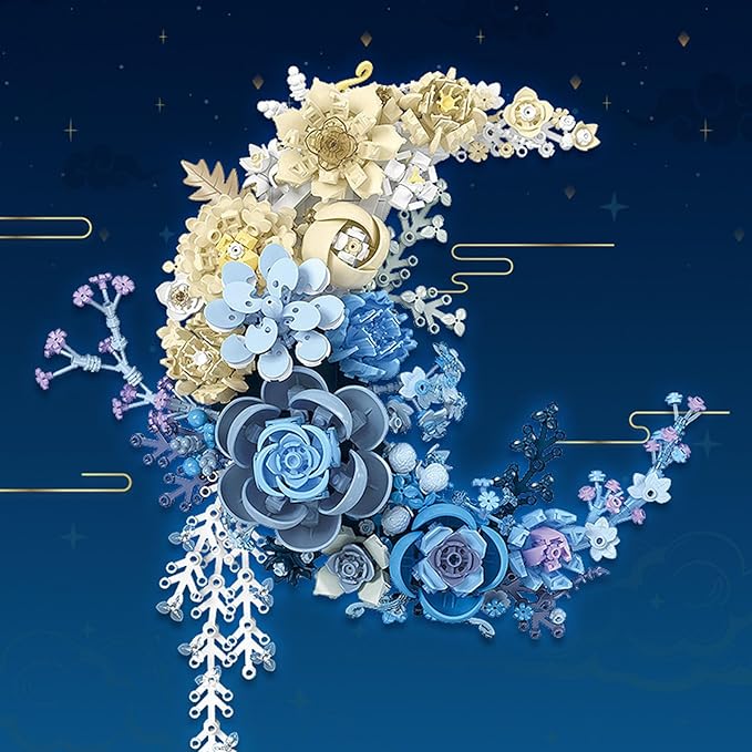 Blue Flowers Moon Building Blocks Set 934 Pcs Dried Flower Botanicals Collection Creative Floral Building for Wall Decor Compatible with Lego Flowers Artistic Gift with Ages 6+