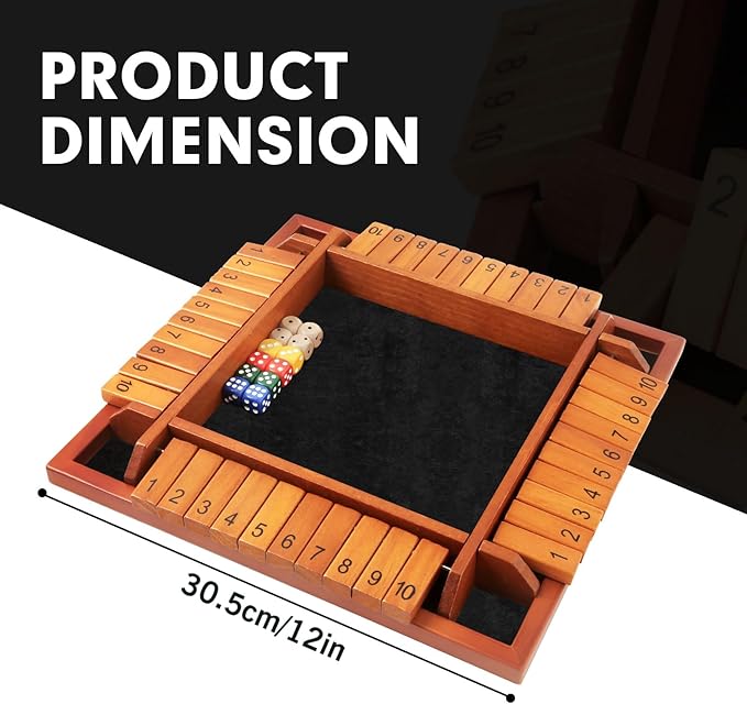 Upgraded 1-4 Players Shut The Box Dice Game Wooden Board Table Family Game for Kids and Adults with 12 Dice Classic Tabletop Math Game for Pub Classroom Party Gift for Christmas Birthday