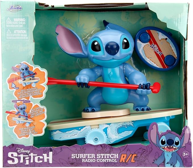 Jada Radio Control Stitch with Surfboard - 2.4 GHz - Straight Forward and Reverse Curve - 1 Channel - Integrated Figure - for Children from 3 Years - 25 cm - (253074009)