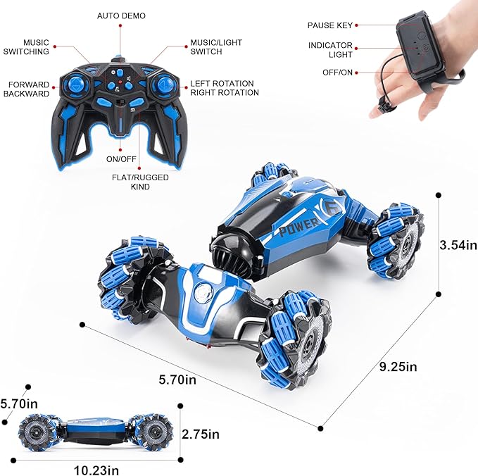 RC Stunt Car 2.4GHz 4WD Drive Remote Controlled Gesture Sensor Toy Car Hand Remote Control car with 360° Flipping Light and Music Children's Toys for Boys and Girls Aged 5-13