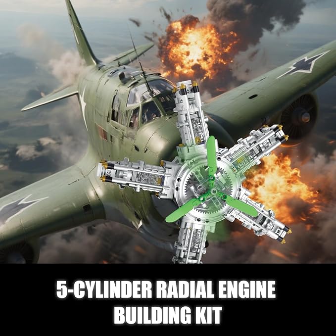 5-Cylinder Radial Engine Building Set Build Your Own Mini Military Plane Engine Model Kit That Runs Compatible with Lego WW2 STEM Toy Gifts for Adults &amp Teens Boys 8-14+ (863 PCS)