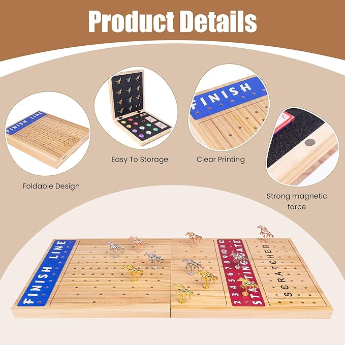 Extra Large 28 inches Foldable Horse Race Board Game for AdultsThickened Wood ChessboardIncludes 11 Luxurious Metal Horses 60 Chips2 Dice2 Boxes of CardsClassic Wooden Table Top Board Games
