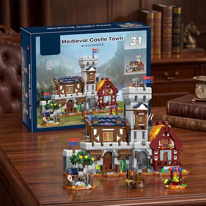 3 in 1 Medieval Cabin Knight Castle Town Square Center Building Set 3 Storytelling Viking Village Sets for Adult House Collection Toy Creative Present for Enthusiasts 1760PCS