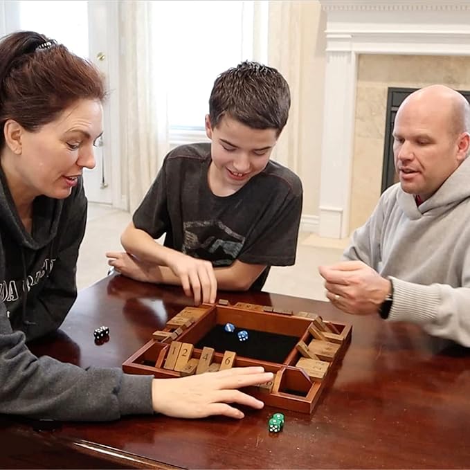 WE Games Shut The Box Board Game - Classic 4 Player Wooden Table Top Dice Game for Family Game Night Black Stained Wood 14 in. 10 Numbers Classroom Play or Bar Fun for Adults
