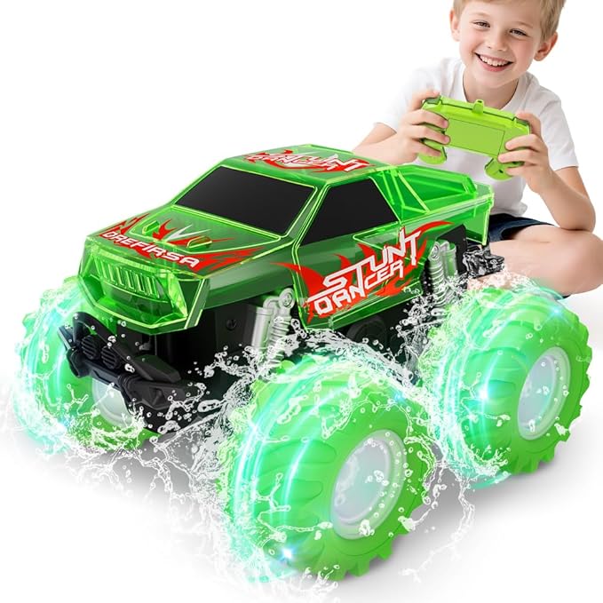 Amphibious Monster Truck Toy Waterproof Remote Control Car 4WD Off-Road RC Truck with Colorful Light RC Stunt Car Toy for 4-7 8-12 Year Boy Birthday Gift Present