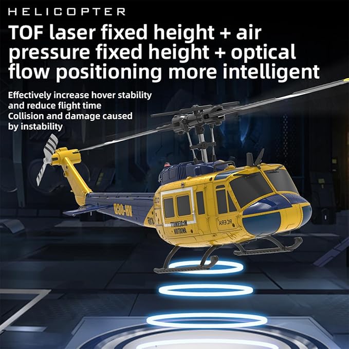 RC ERA C032 UH-1 Huey Helicopter - Remote Control Helicopters for Adult 1/48 Sacle 2.4G 6CH Gyro Stabilized Aircraft with Altitude Hold &amp Optical Flow3D Stunt Drone (Yellow)