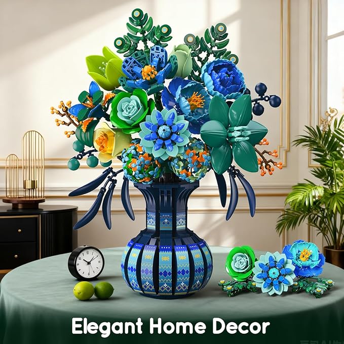 Flowers Building Set with Vase Easter Flower Bouquet Botanical Collection Building Block Toy 1309 PCS Peacock Artificial Plant Bonsai Kit Home Decor Gift for Her Adults Girls 12+