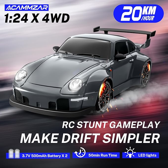 ACAMMZAR RC Drift Car 1:24 Remote Control Car for Kids 20KM/H 4WD High Speed RC Cars with LED Lights Two Batteries Extra Drifting Tires Vehicle for Adults Boys Girls