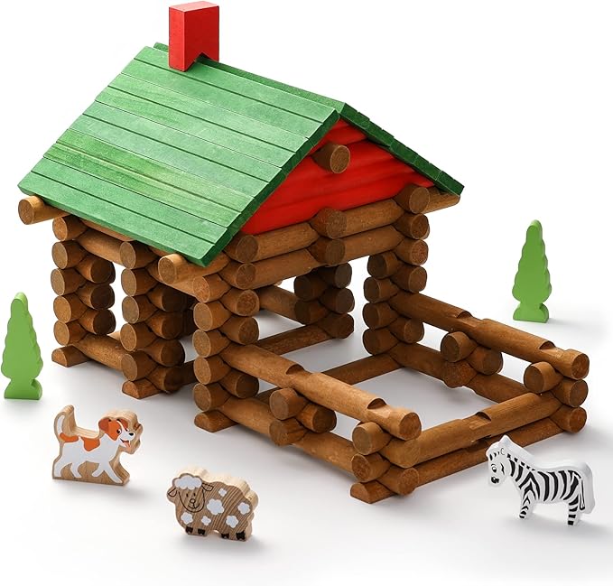 SainSmart Jr. 110 PCS Wooden Log Cabin Set Building House Toy for Toddlers Classic STEM Construction Kit with Colorful Wood Logs Blocks for 3+ Years Old
