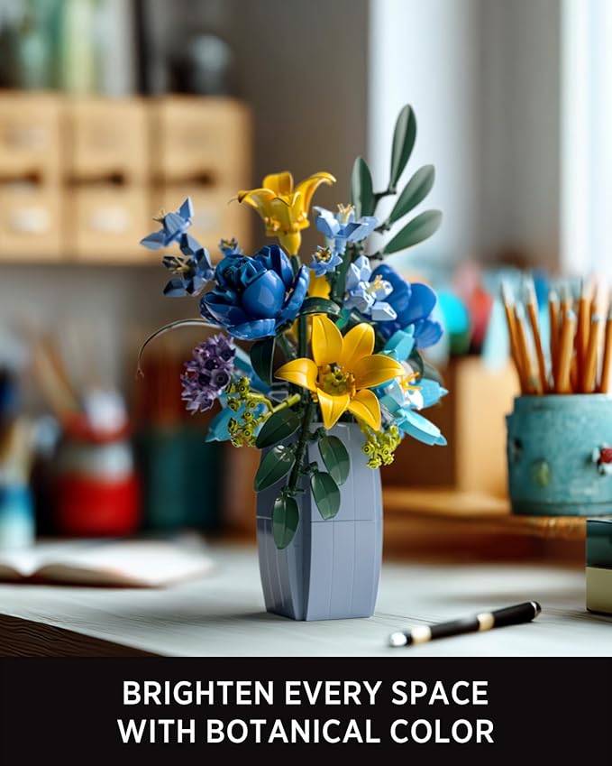Nifeliz Wildflower Bouquet with Vase Model Toy Botanical Building Set for Adults Flower Arrangement for Home or Office Decor Nature-Inspired Gift for Floral Enthusiasts (902 PCS NF10337)
