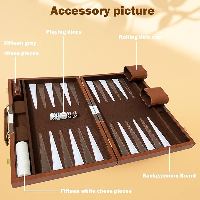 Large Backgammon Sets for Adults Classic Board Games Portable and Travel Backgammon Set with Premium Leather Case (15 Inch)