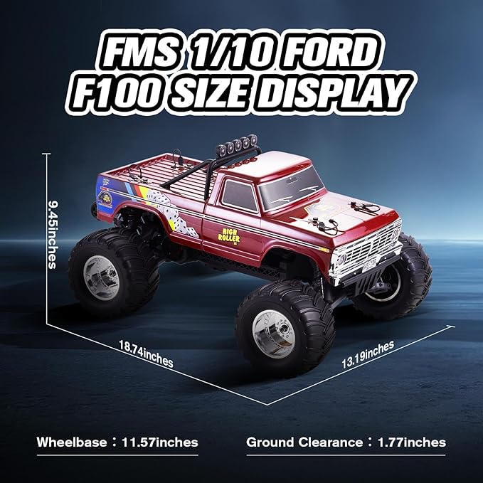 FMS 1/10 RC Truck Ford F100 – 2WD Monster Truck with Licensed Body 550 Brushed Motor Oil Shocks Independent Suspension – All-Terrain RC Crawler High Speed Off-Road RC Car for gift (HIGH ROLLER RS)