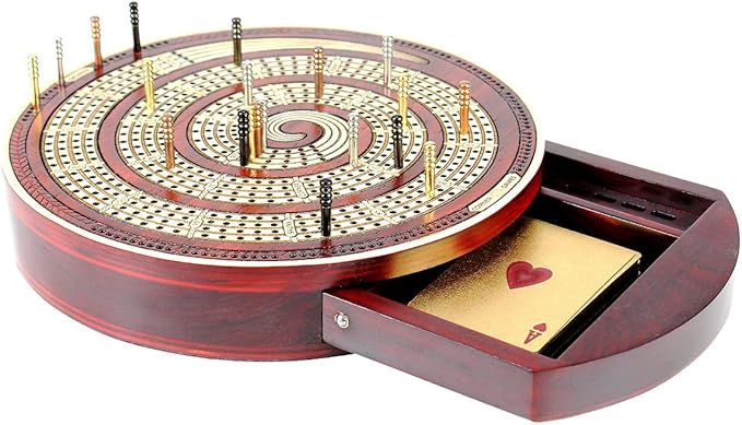 House of Cribbage - Cribbage Board Spiral Design Round Shape 4 Tracks Bloodwood/Maple with Place for Skunks Corners &amp Won Games