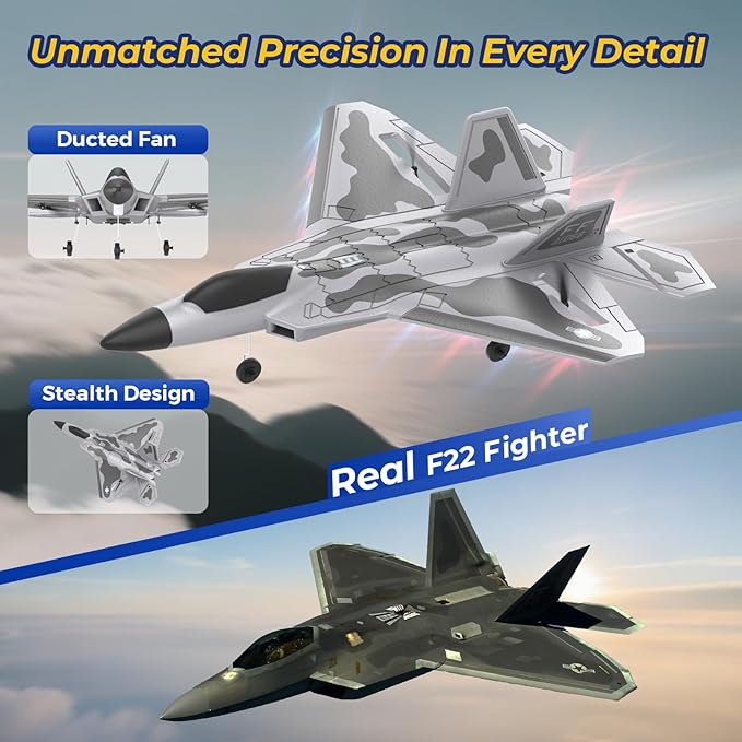 F22 Remote Control Airplane 4 Channel with Lights 2.4G RC Fighter Plane with 6-axis Gyro Stabilizer for Beginner RTF RC Plane 2 Batteries 37min Flight Time - 19in*14in